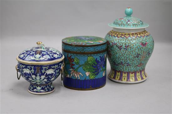 Two Chinese pots and a cloisonne pot